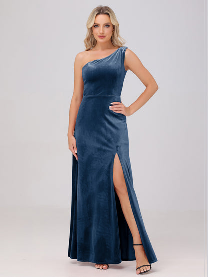 One Shoulder Velvet Bridesmaid Dresses with Slit