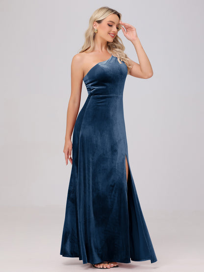 One Shoulder Velvet Bridesmaid Dresses with Slit