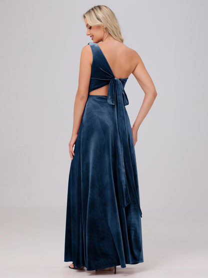One Shoulder Velvet Bridesmaid Dresses with Slit