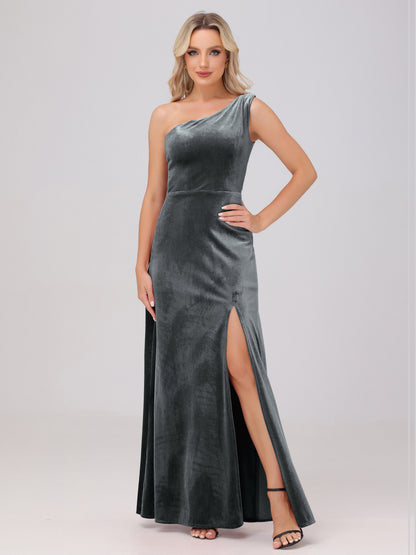 One Shoulder Velvet Bridesmaid Dresses with Slit