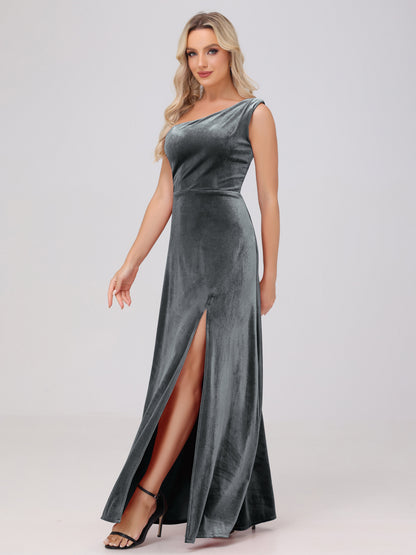 One Shoulder Velvet Bridesmaid Dresses with Slit
