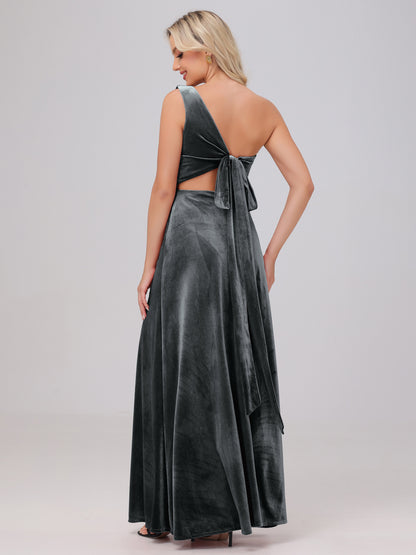 One Shoulder Velvet Bridesmaid Dresses with Slit