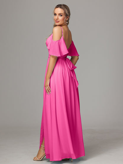 Off The Shoulder A Line Chiffon Bridesmaid Dress With Slit
