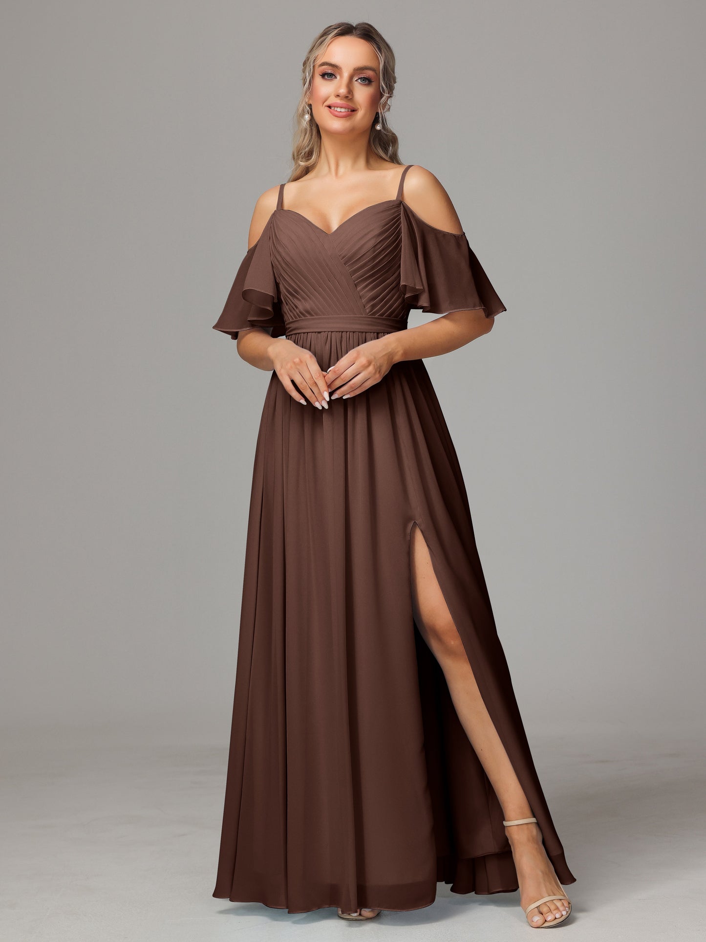 Off The Shoulder A Line Chiffon Bridesmaid Dress With Slit