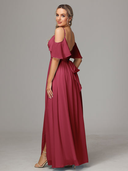 Off The Shoulder A Line Chiffon Bridesmaid Dress With Slit