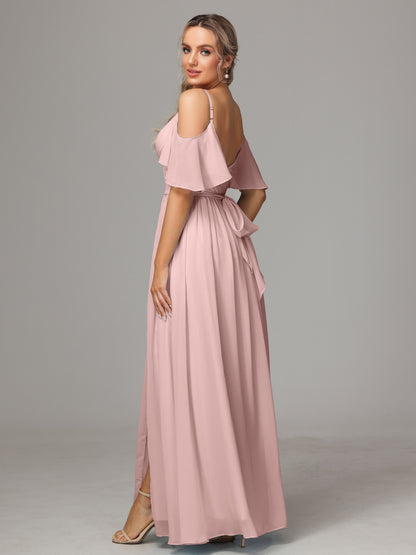 Off The Shoulder A Line Chiffon Bridesmaid Dress With Slit