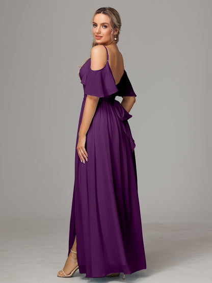 Off The Shoulder A Line Chiffon Bridesmaid Dress With Slit