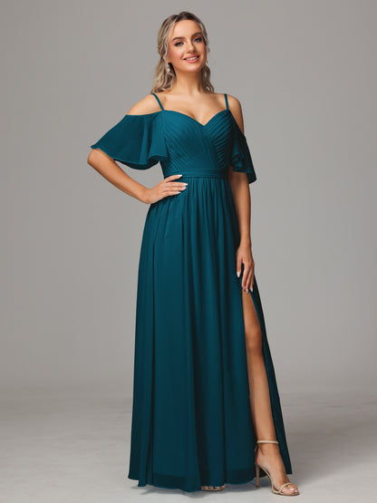 Off The Shoulder A Line Chiffon Bridesmaid Dress With Slit