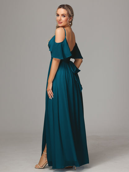 Off The Shoulder A Line Chiffon Bridesmaid Dress With Slit