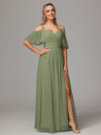 Off The Shoulder A Line Chiffon Bridesmaid Dress With Slit