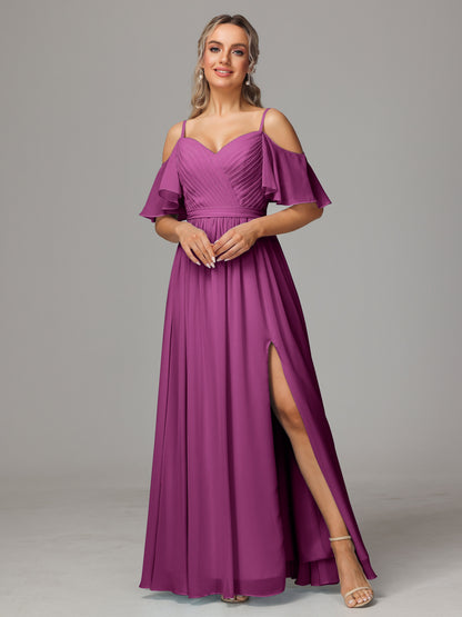 Off The Shoulder A Line Chiffon Bridesmaid Dress With Slit