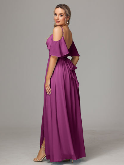 Off The Shoulder A Line Chiffon Bridesmaid Dress With Slit