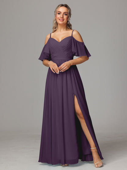 Off The Shoulder A Line Chiffon Bridesmaid Dress With Slit