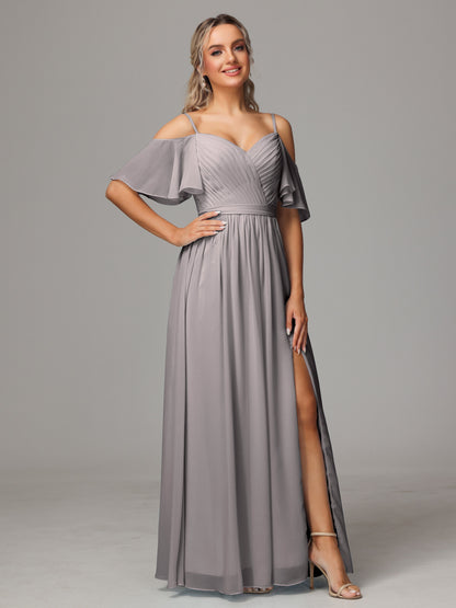 Off The Shoulder A Line Chiffon Bridesmaid Dress With Slit