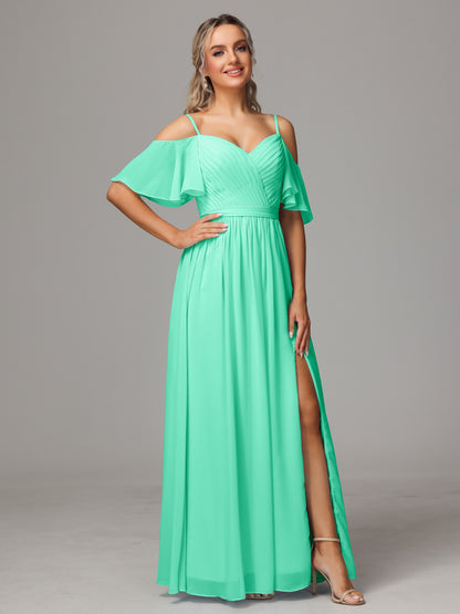 Off The Shoulder A Line Chiffon Bridesmaid Dress With Slit