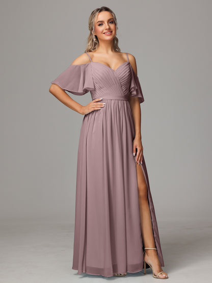 Off The Shoulder A Line Chiffon Bridesmaid Dress With Slit