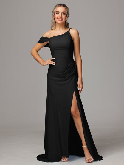Sheath One Shoulder with Slit Chiffon Bridesmaid Dress