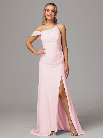 Sheath One Shoulder with Slit Chiffon Bridesmaid Dress
