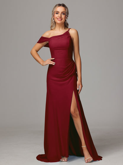 Sheath One Shoulder with Slit Chiffon Bridesmaid Dress