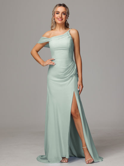 Sheath One Shoulder with Slit Chiffon Bridesmaid Dress
