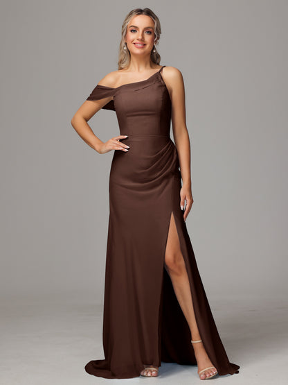 Sheath One Shoulder with Slit Chiffon Bridesmaid Dress