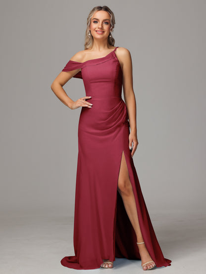 Sheath One Shoulder with Slit Chiffon Bridesmaid Dress