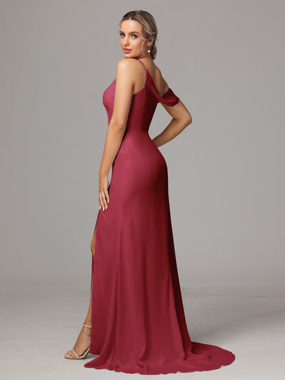 Sheath One Shoulder with Slit Chiffon Bridesmaid Dress
