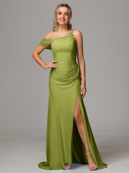 Sheath One Shoulder with Slit Chiffon Bridesmaid Dress