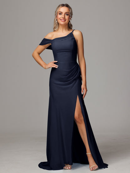Sheath One Shoulder with Slit Chiffon Bridesmaid Dress