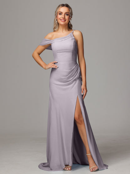 Sheath One Shoulder with Slit Chiffon Bridesmaid Dress