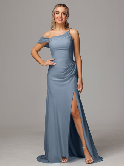 Sheath One Shoulder with Slit Chiffon Bridesmaid Dress