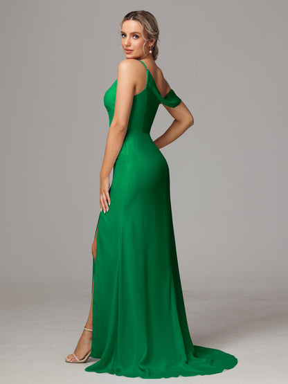 Sheath One Shoulder with Slit Chiffon Bridesmaid Dress