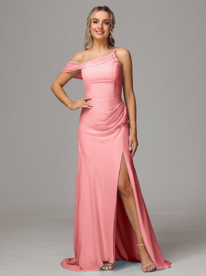 Sheath One Shoulder with Slit Chiffon Bridesmaid Dress