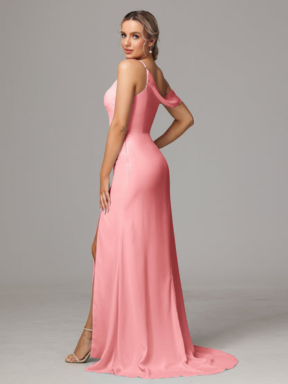Sheath One Shoulder with Slit Chiffon Bridesmaid Dress