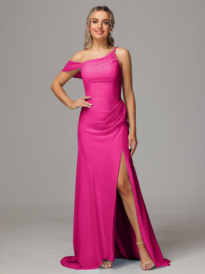Sheath One Shoulder with Slit Chiffon Bridesmaid Dress