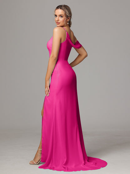 Sheath One Shoulder with Slit Chiffon Bridesmaid Dress