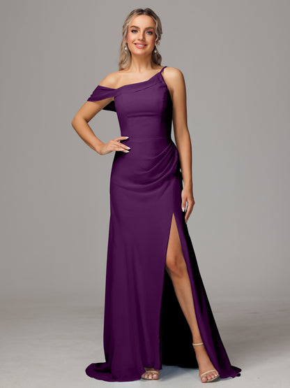 Sheath One Shoulder with Slit Chiffon Bridesmaid Dress