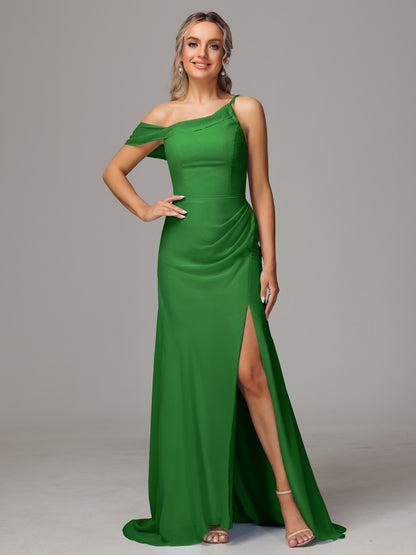 Sheath One Shoulder with Slit Chiffon Bridesmaid Dress