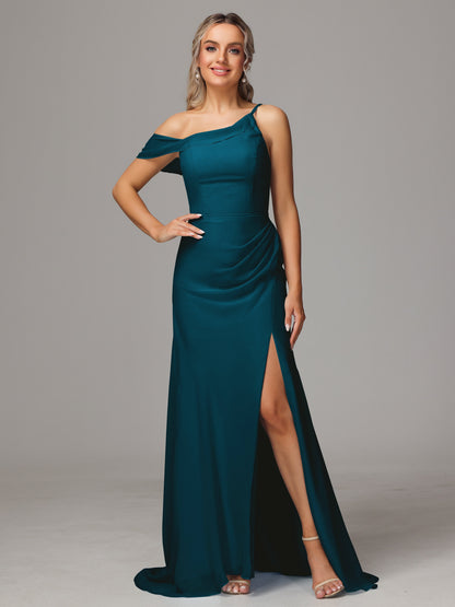 Sheath One Shoulder with Slit Chiffon Bridesmaid Dress