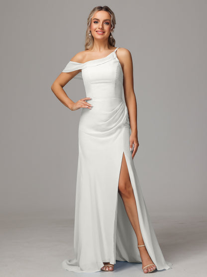 Sheath One Shoulder with Slit Chiffon Bridesmaid Dress
