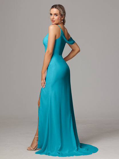 Sheath One Shoulder with Slit Chiffon Bridesmaid Dress