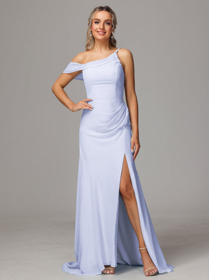 Sheath One Shoulder with Slit Chiffon Bridesmaid Dress