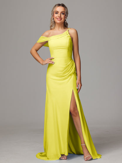 Sheath One Shoulder with Slit Chiffon Bridesmaid Dress