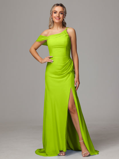 Sheath One Shoulder with Slit Chiffon Bridesmaid Dress