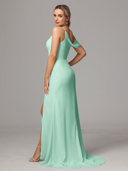 Sheath One Shoulder with Slit Chiffon Bridesmaid Dress