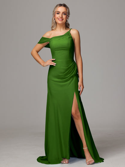 Sheath One Shoulder with Slit Chiffon Bridesmaid Dress