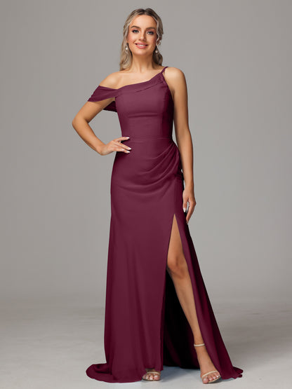 Sheath One Shoulder with Slit Chiffon Bridesmaid Dress