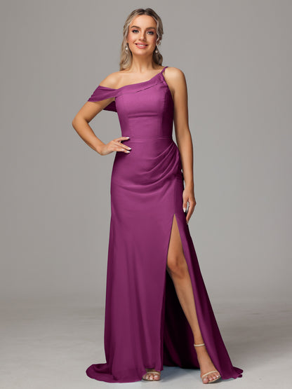 Sheath One Shoulder with Slit Chiffon Bridesmaid Dress