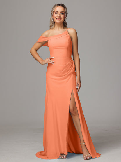 Sheath One Shoulder with Slit Chiffon Bridesmaid Dress