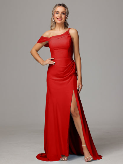 Sheath One Shoulder with Slit Chiffon Bridesmaid Dress